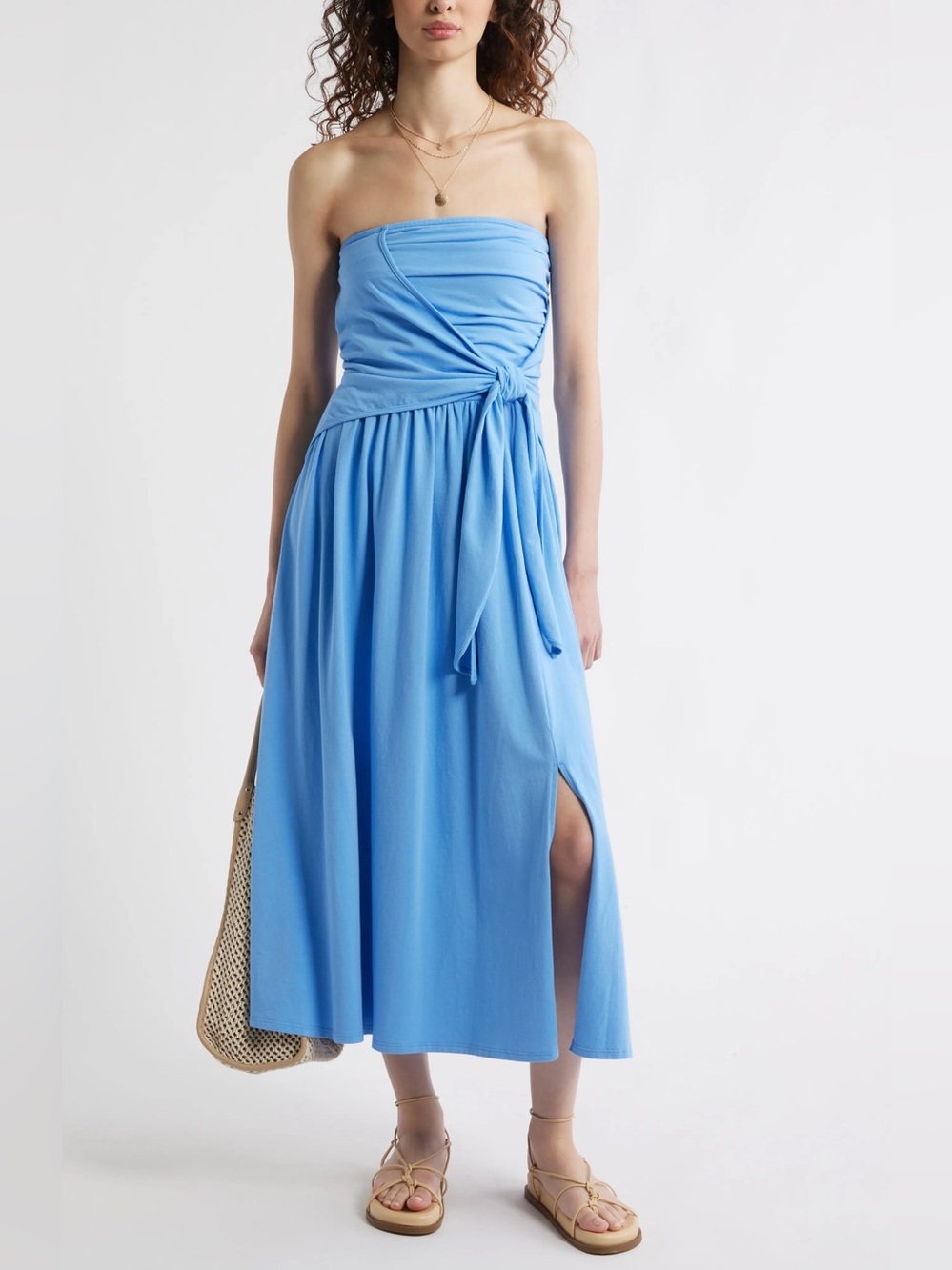 Treasure &‎ Bond Strapless Tie Front Stretch Cotton Midi Dress Size Medium Blue
